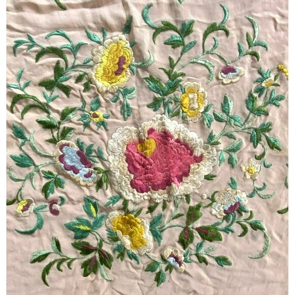 Antique Vintage Piano Shawl Embroidered Pink Silk Art Nouveau LARGE 68”x68” - Picture 2 of 13